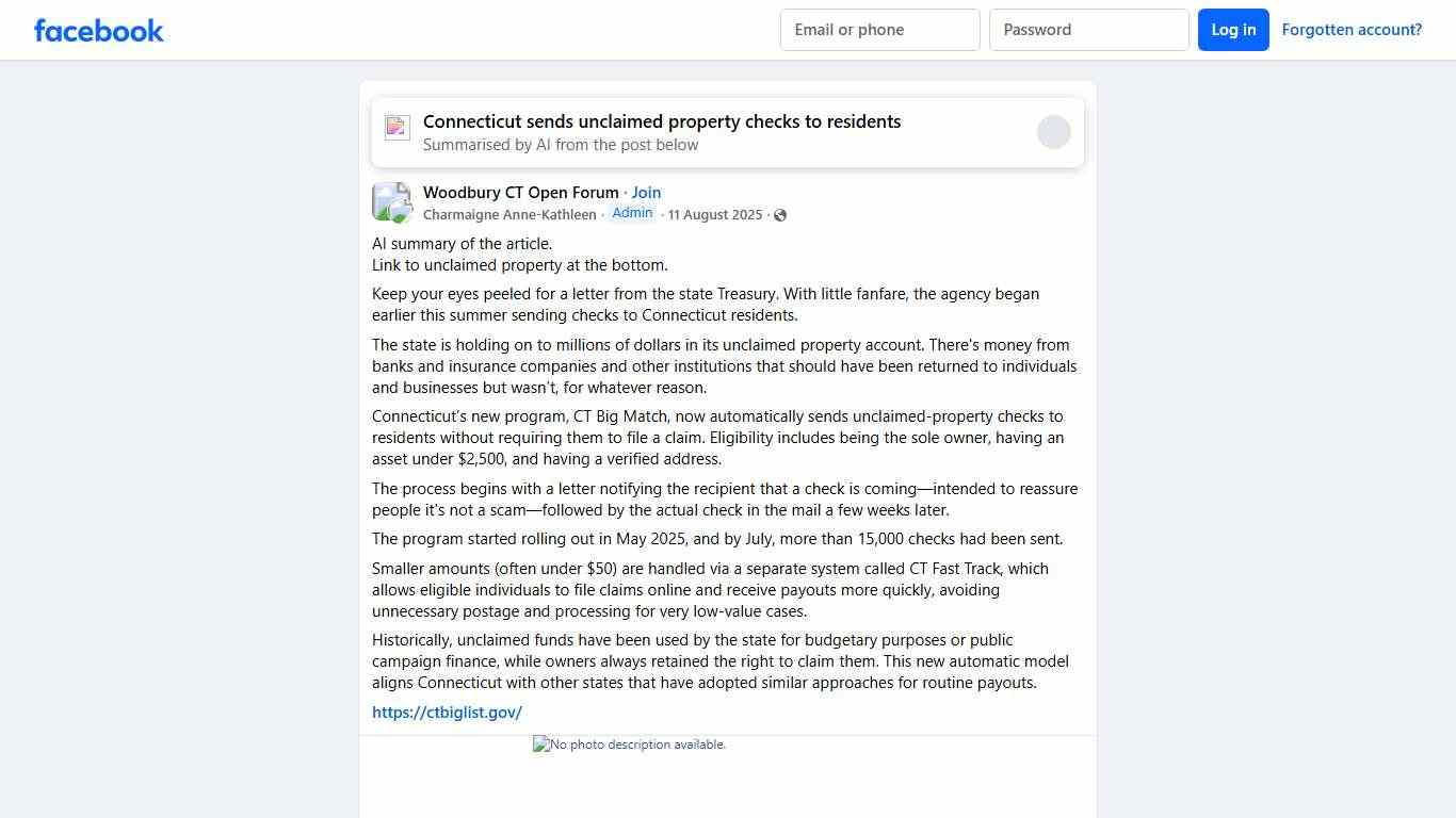 Woodbury CT Open Forum AI summary of the article Facebook