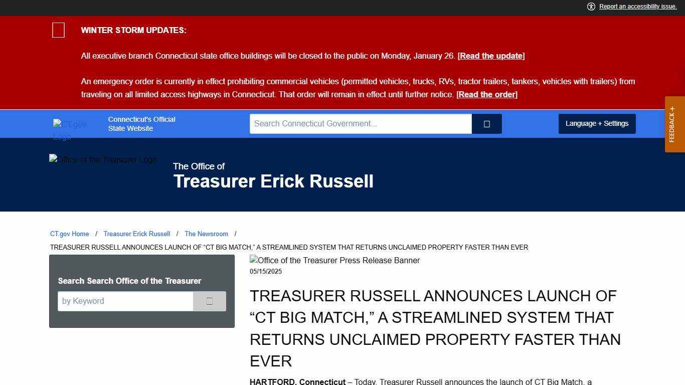 TREASURER RUSSELL ANNOUNCES LAUNCH OF CT BIG MATCH